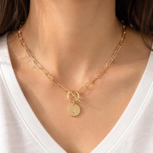 Gold Link Chain Necklace...Initial Disc on Toggle clasp, Custom Length Thick Chunky Chain, Long Rectangle Link Chain, Layering, paper clip