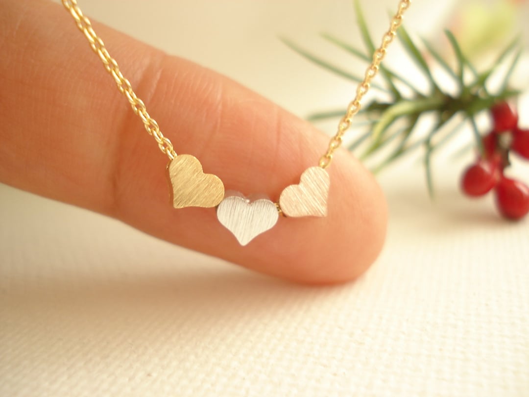 Tiny Three Hearts Necklace...minimalist 3 Tone Handmade Necklace ...