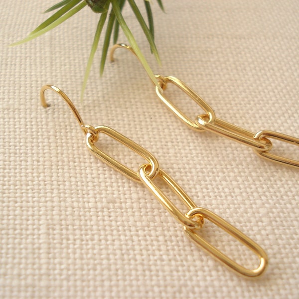 Gold or Silver  Link Chain Earrings...Custom Length Chain, Long Rectangle Link Chain, Layering, Paper clip Earrings, Bold link earrings