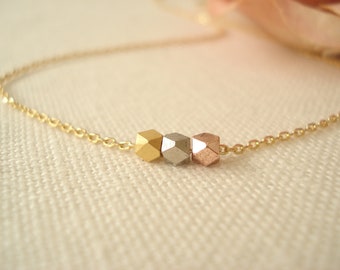 Tiny three nuggets necklace...Gold, Silver and Rose gold multi color, Layering, simple everyday, Three sisters, friends, bridesmaid gift