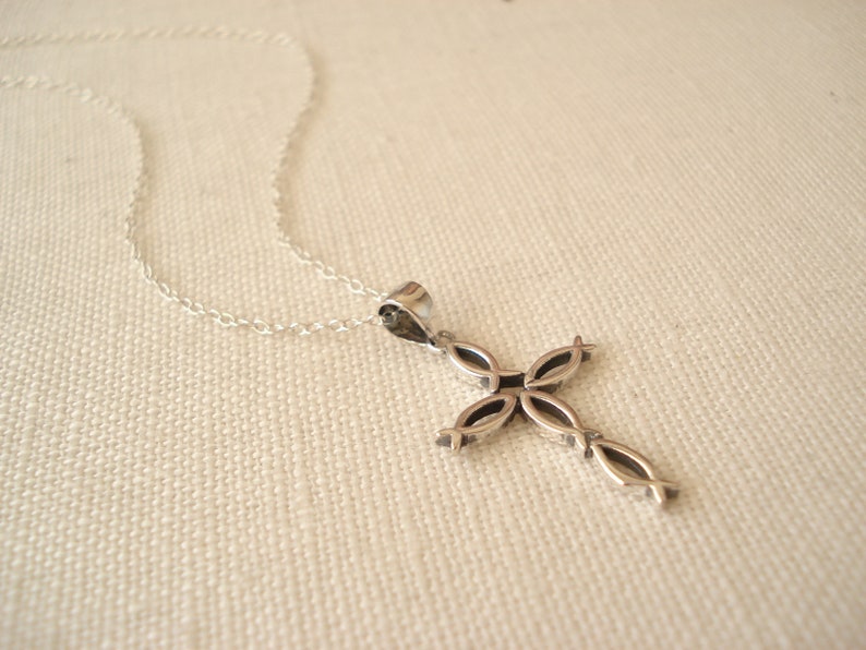 Religious jewelry Faith simple everyday Cross Necklace...Sterling Silver Fish Cross pendant charm bridesmaid gift