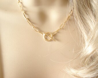 Halsband med guld-/silverlänk... Tjock, grov kedja i anpassad längd, lång rektangulär kedja, lager-på-lager, choker, gem