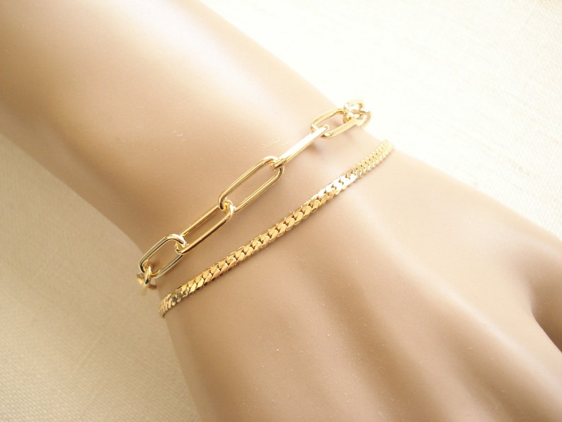 Gold Chain Bracelet...Layering bracelet bridesmaid gift Custom Length chain Flat Snake chain Flat curb chain