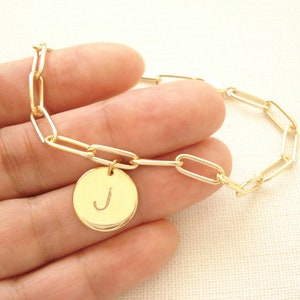 Gold or Silver Link Initial Bracelet...Personalized Layering bracelet, Chunky Chain Link Bracelet, Paper clip Initial disc charm bracelet