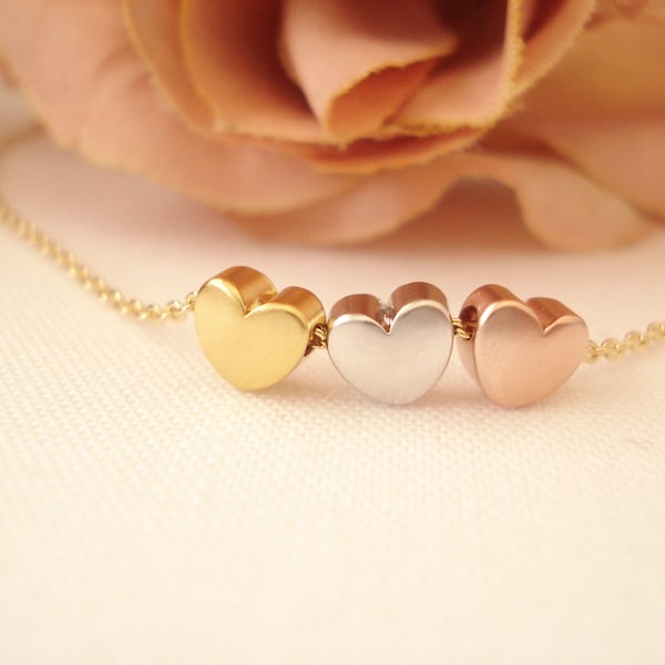 Tiny three hearts necklace...minimalist 3 tones Heart, simple everyday, birthday, bridesmaid, best friend gift, Mother's day gift, 3 sisters