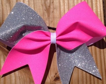 Hazel Cheer Bow in Neon Pink and Silver Glitter