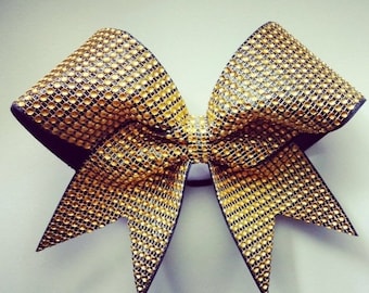 Gold Rhinestones and Black Ribbon Cheer Bow