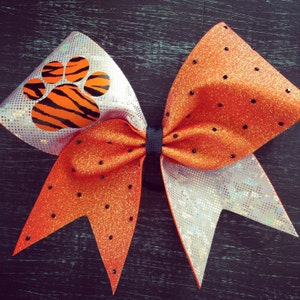 Holo Orange Glitter and White (silver) Fabric W/Paw and Black Rhinestones