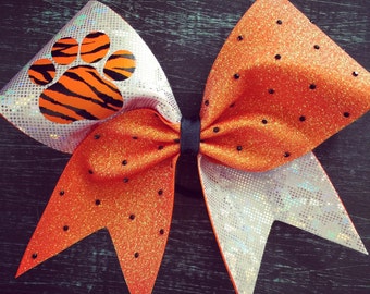 Holo Orange Glitter and White (silver) Fabric W/Paw and Black Rhinestones