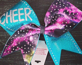 Galaxy and Teal Cheer Bow with Rhinestones