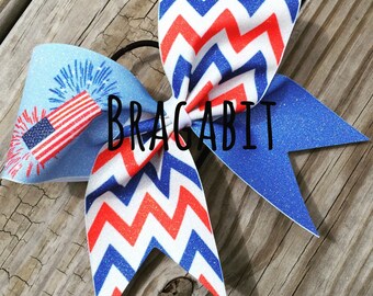 Glitter Red, White and Blue Chevron With American Flag and Fireworks Bow