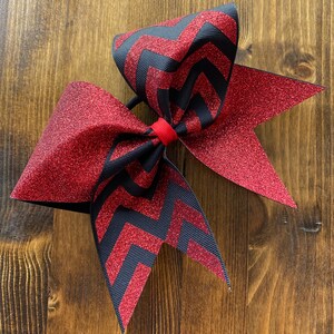 Charlotte Cheer Bow in Red Glitter and Black Ribbon Chevron