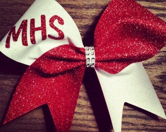 Hanna Cheer Bow in White and Red Glitter with Custom Text
