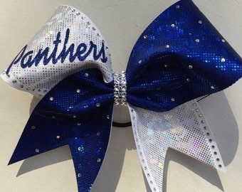 Panthers Cheer Bow in Royal Blue and White Shattered Glass Fabric with Rhinestones