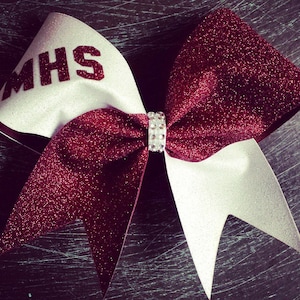 Hanna Cheer Bow in White and Maroon Glitter with Custom Text