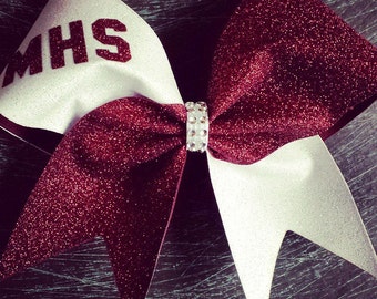 Hanna Cheer Bow in White and Maroon Glitter with Custom Text