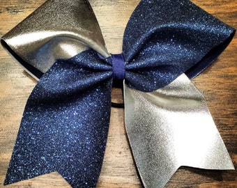 Navy Glitter and Silver Cheer Bow