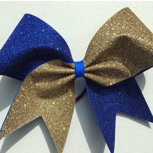 Hazel Cheer Bow in Old Gold and Royal Blue Glitter