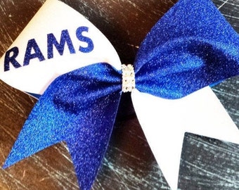 Hanna Cheer Bow in White and Royal Blue Glitter with Custom Text