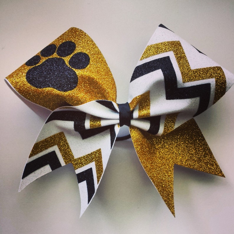 Kailani Cheer Bow in Gold, White and Black with a Mascot image 1