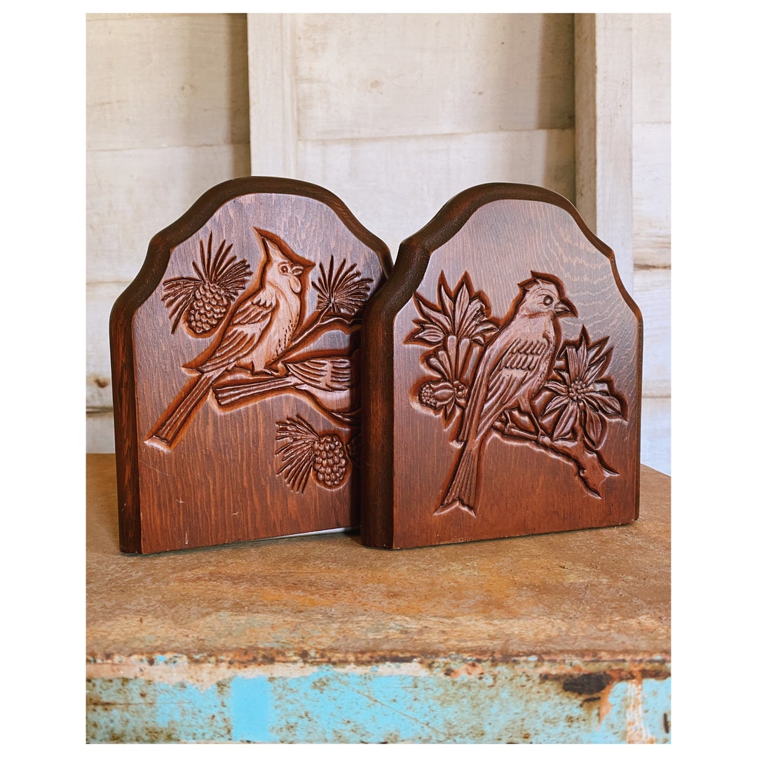 Vintage Wood Bookends With Engraved Birds Etsy