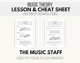 Basic Music Theory Lesson and Cheat Sheet: The Music Staff - Printable Digital Download Music Theory PDF Tutorial and Study Guide