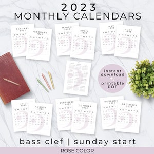 Printable Monthly Calendar 2023 Sunday Start - Bass Clef Rose Minimalist 12 Months - Instant Digital Download PDF 8 1/2 x 11 Inches