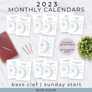 Printable Monthly Calendar 2023 Sunday Start - Bass Clef Blue Minimalist 12 Months - Instant Digital Download PDF 8 1/2 x 11 Inches