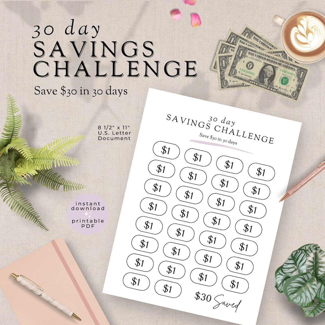 30 Day Savings Challenge Printable Dollar a Day Money Challenge PDF