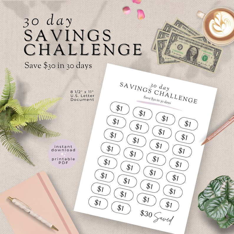 30 Day Savings Challenge Printable - Dollar a Day Money Challenge PDF ...