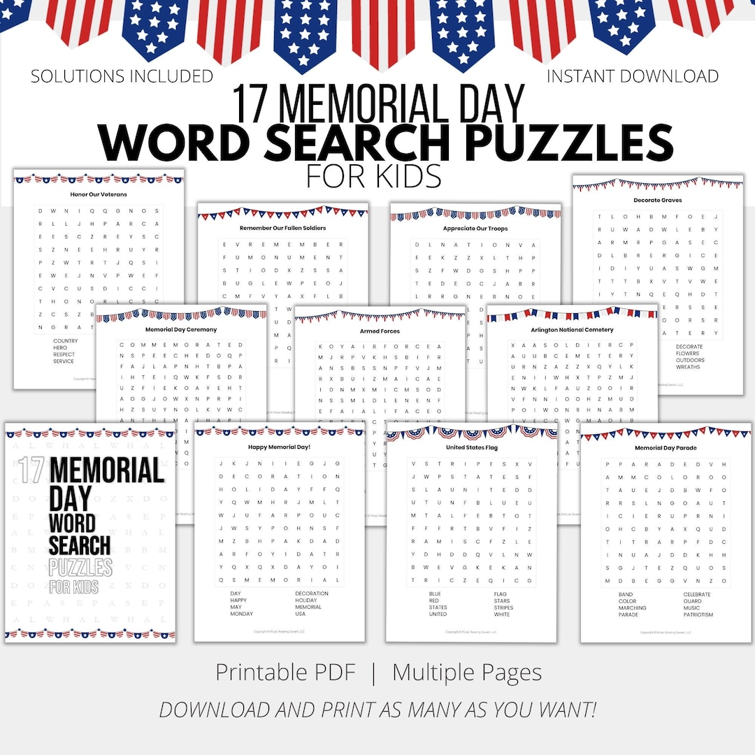 17 Printable Memorial Day Word Search Puzzles for Kids With Etsy
