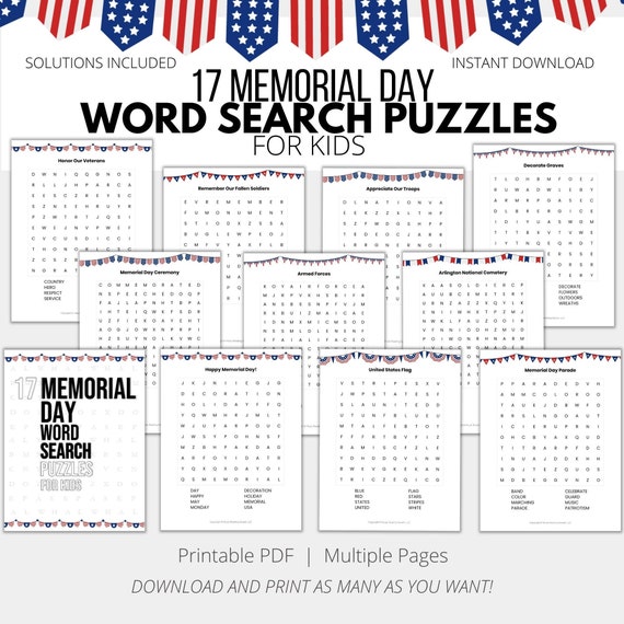 17 Printable Memorial Day Word Search Puzzles for Kids With - Etsy