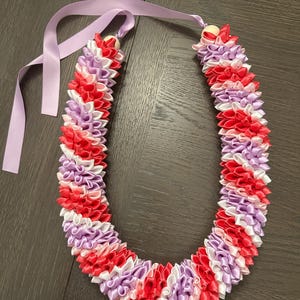 Ribbon Flower Lei – Purple, white, dark pink, light pink – Ready to Ship