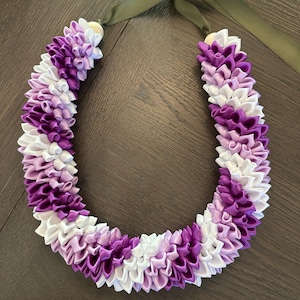 Ribbon Flower Lei – Purple and White – Ready to Ship