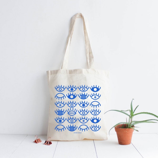 Tote bag cotton natural Eyes/ screen print blue / hand lettering