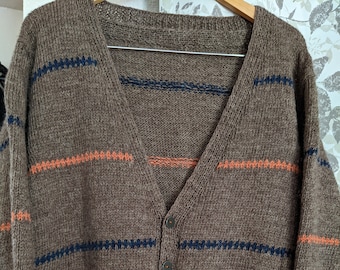 Hand Knit Wool Cardigan, Brown Orange Navy Accents, XL