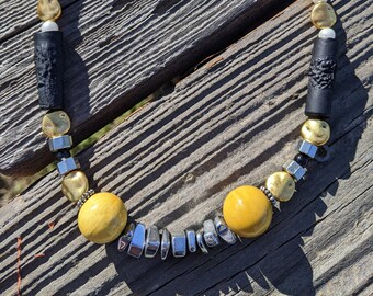 Women handmade necklace, yellow, grey, gold and black. Hematite and ceramic. Unique, 19 inches.