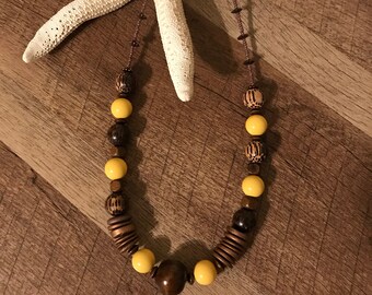 Handmade Wood & Ceramic Beaded Necklace: African Inspired Choker, 19 inch