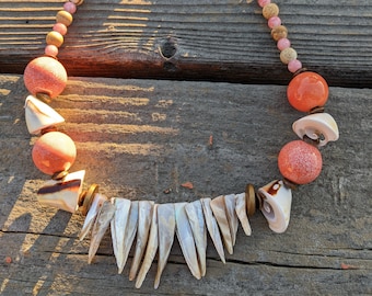 Unique necklace for women, orange, modern, 19 inches long, African inspired.