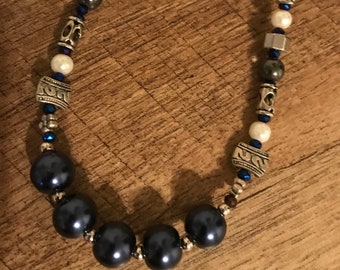 Women elegant navy blue, white and silver necklace, Choker, 19 inches long. Beaded, short.