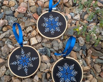 Set of Three Handmade Cross Stitch Christmas Ornaments, Blue Snowflakes, 3-Inch Diameter Set