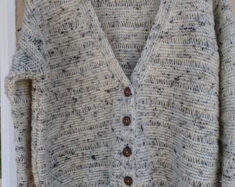 Hand Knit Wool Cardigan: Beige Oatmeal, XL, Feminine Light Knit