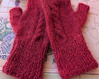 Hand Knitted Wool with Mohair Finger-less Gloves, Red.