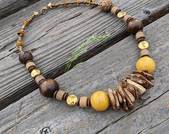 Handmade Wood & Ceramic Necklace: African Inspired Tribal Jewelry, 19 inch