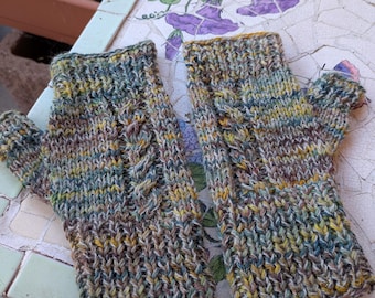 Unisex finger-less gloves, mittens, hand knitted, made from 100% wool. Multicolored, with tiny sparkles.