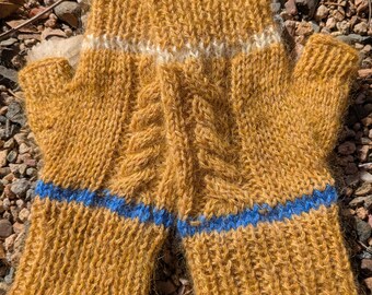 Hand Knitted Wool Mohair Finger-less Gloves. Yellow with blue and white accents.