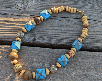 Women's necklace, blue and beige, unique, modern, 19 inches, short, African inspired.