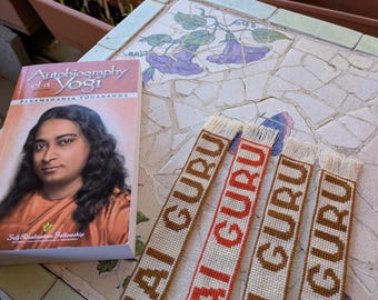 Handmade bookmark, Paramahansa Yogananda, cross-stitch.