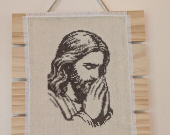 Handmade Praying Jesus Cross Stitch: Ecru & Brown, Framed
