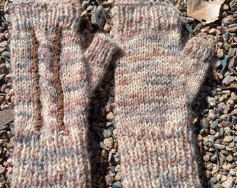 Hand Knitted Wool Mohair Finger-less Gloves. Beige with brown accents.